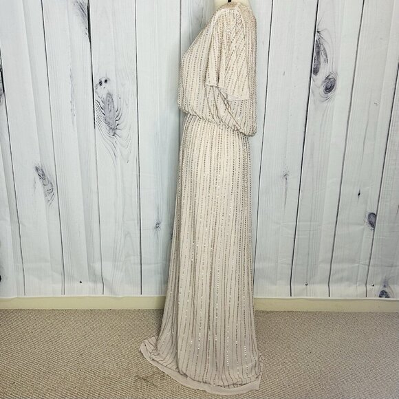 Show Me Your MuMu Sz L Michelle Flutter Dress Gown Show Me the Ring Beaded Beige - Picture 5 of 12